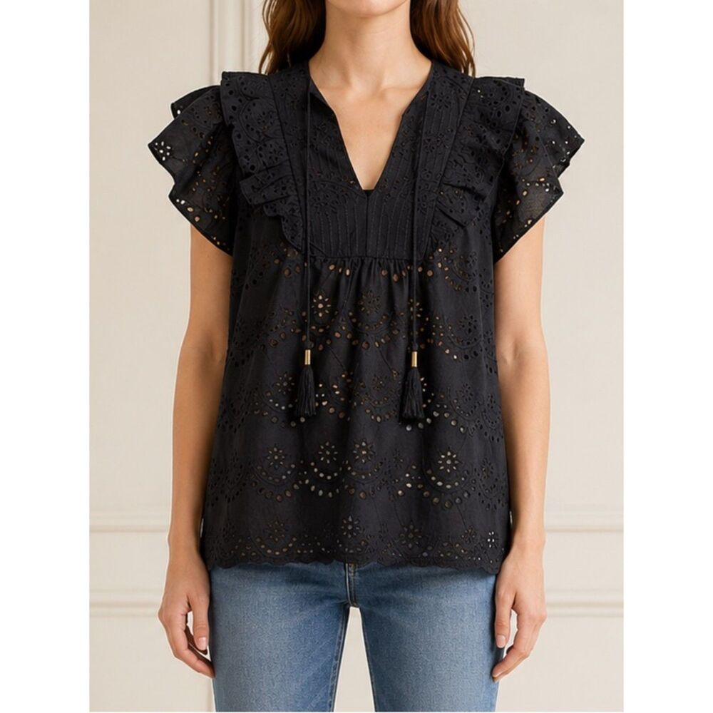 NWT Nicole Miller Atelier Eyelet Blouse Small Black Cotton Flutter Sleeve Boho